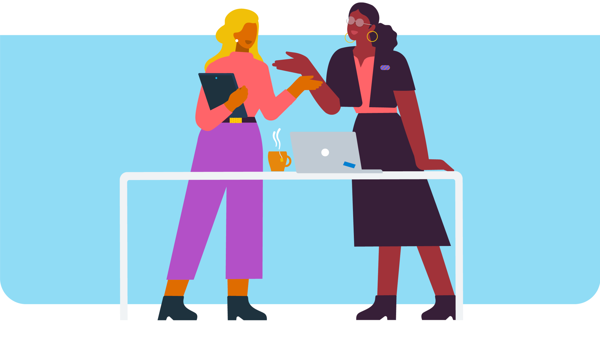  Illustration of two women standing behind a desk and talking to each other. 